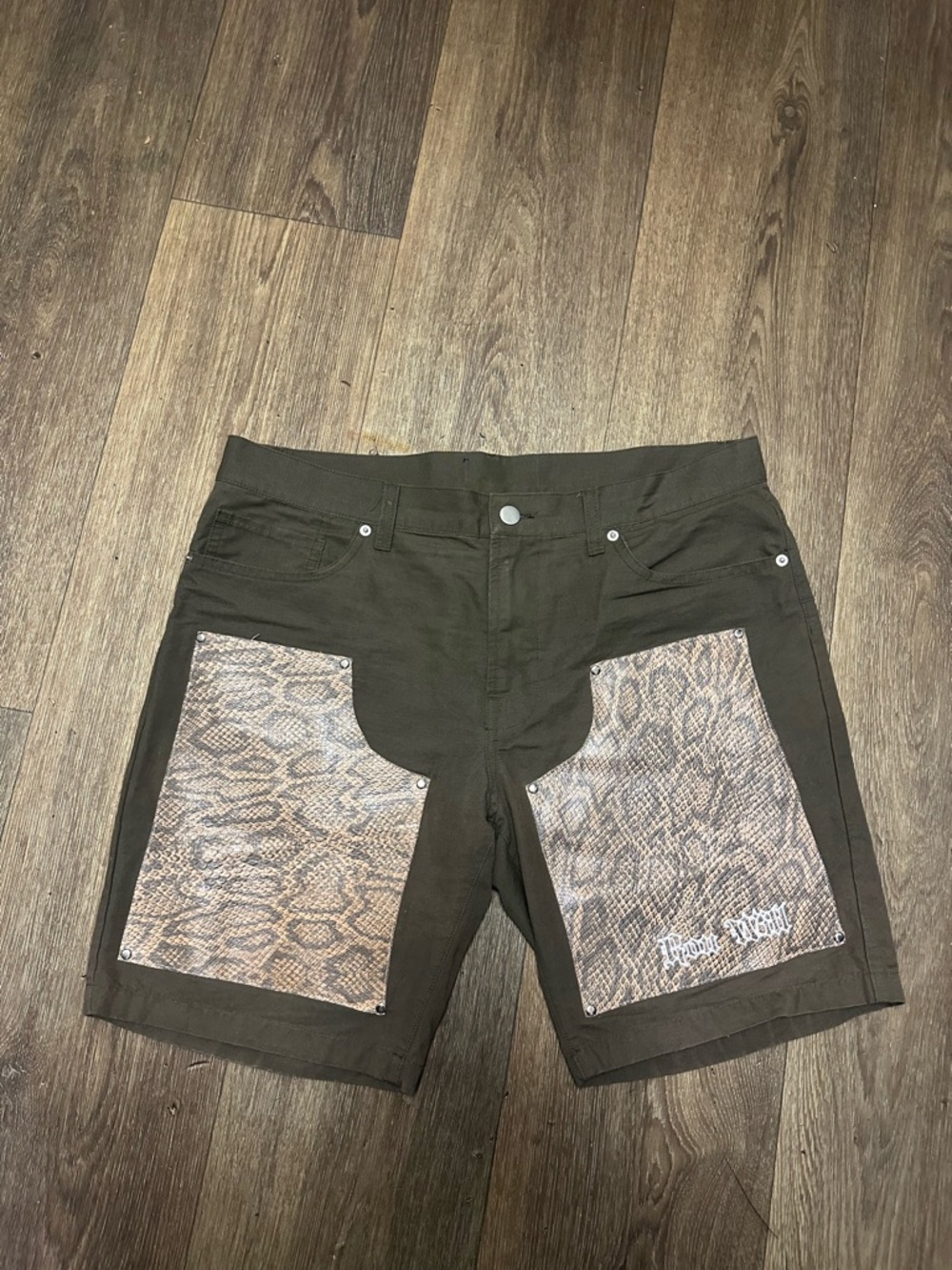 Men's Olive Green Jean Shorts with Learher Snake-Print Front Panels